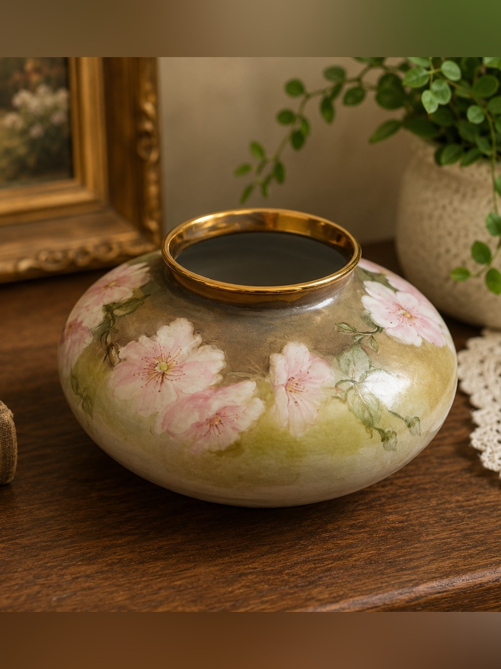 Hand painted Flat Floral Vase gold trim signed Linda Hart